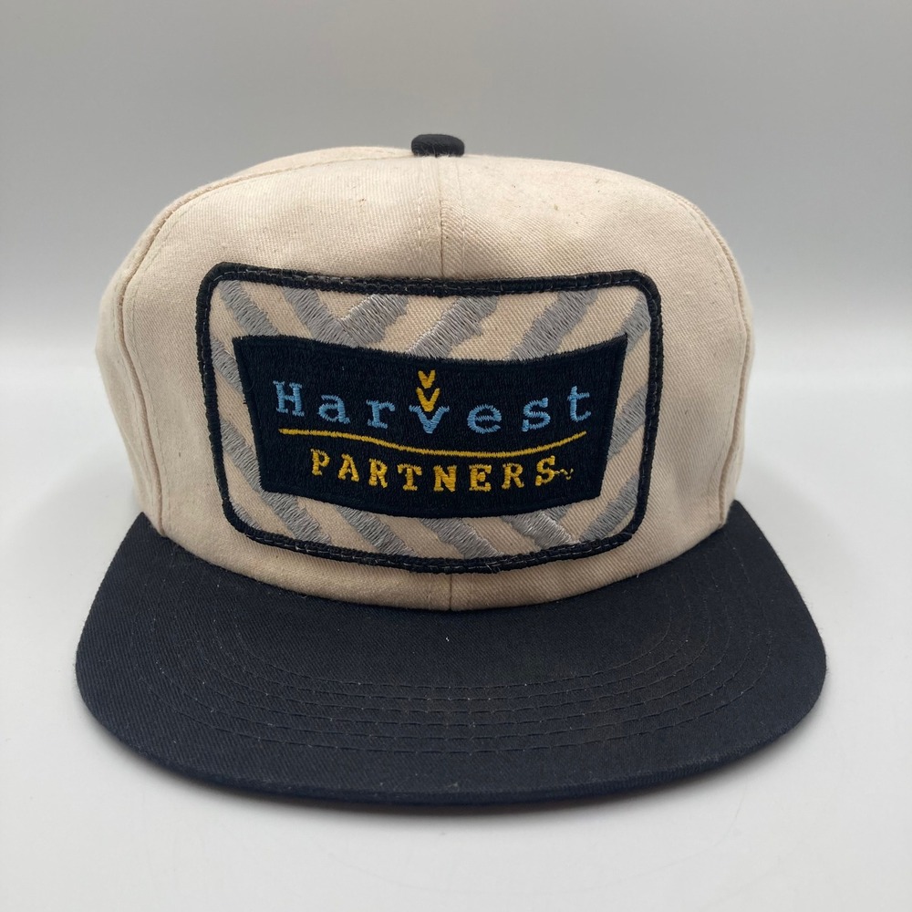 Vintage Harvest Partners Embroidered Snapback Trucker Hat Beige Black Adult OSFM